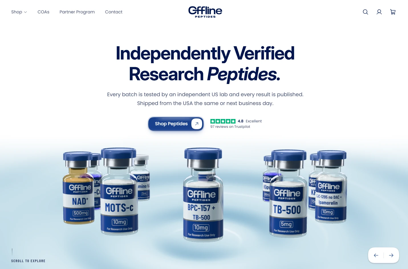 Offline Peptides web app hero with product vials, Shop Peptides button and Trustpilot rating