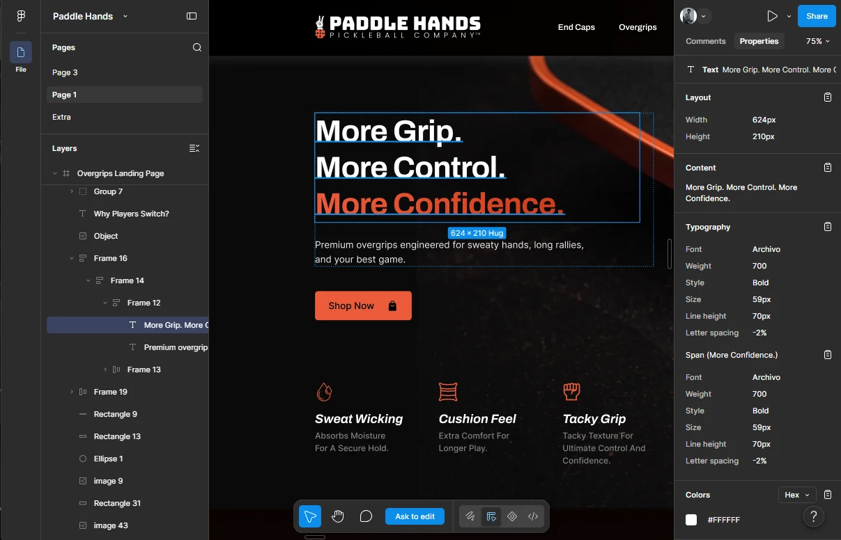 Figma file of the Paddle Hands overgrips landing page with layers and typography panels