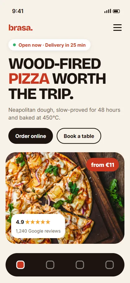 Mobile homepage for a wood-fired pizza brand